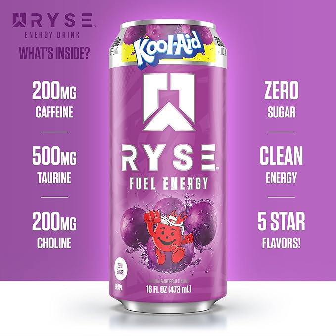 RYSE Fuel Energy Drink - Kool-Aid Grape - Sugar Free Gluten Free &amp Vegan - 200mg Natural Caffeine Taurine &amp Choline for Focus &amp Energy - No Artificial Colors - 16 fl oz Cans (12-Pack)