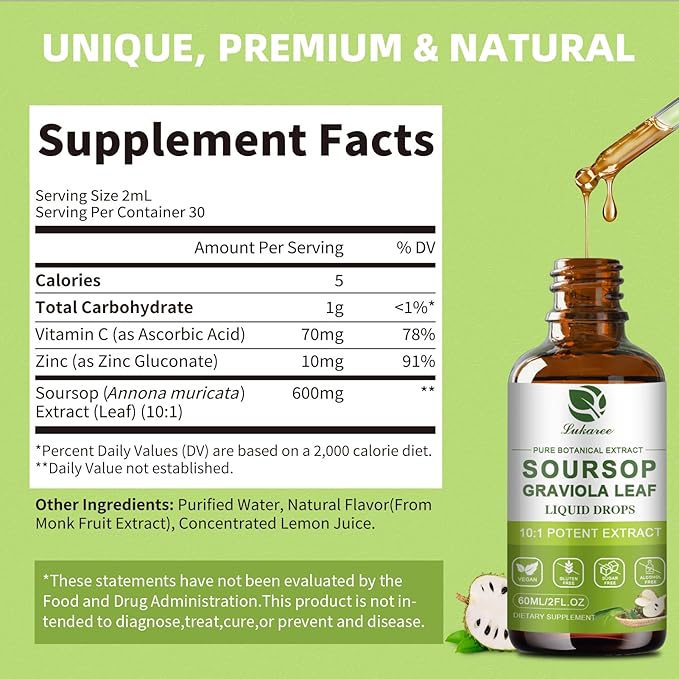 Lukaree Pure Soursop Leaves Extract 10X Concentrated Graviola Soursop Bitters Liquid Drop for Immune Digestive Energy Cold-Extracted with High Potency Alcohol-Free Vegan &amp Non-GMO