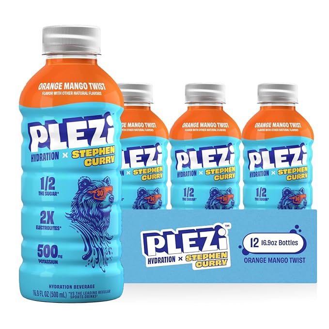 PLEZi Hydration Drink Bundle – Lemon Lime &amp Orange Mango x Stephen Curry – Sports Drinks with 2X Electrolytes 500mg Potassium No Added Sugar – 16.9 Fl Oz (24 Pack Total)