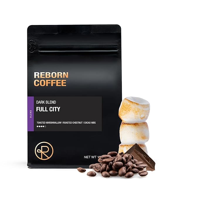 Reborn Coffee Specialty Whole Bean Coffee Full City Dark Roast 12 Ounce Colombia Blend Notes of Toasted Marshmallow Roasted Chestnut and Cacao Nib