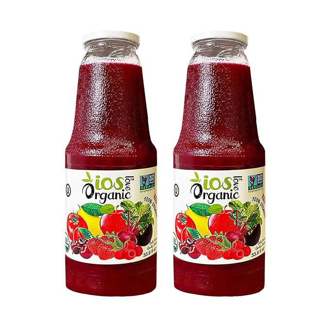 IOS Love Organic Juice - USDA Organic Certified - Cold Pressed No Added Sugar No Water No Artificial Colors No Preservatives No Flavors Added No Gluten - 33.8 Fl Oz (Red Pack of 2)
