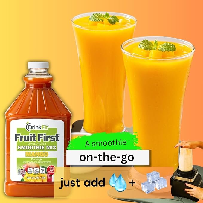 DrinkFit Fruit Smoothie | Real Fruit Puree Low Sugar Gluten:Free &amp Non:GMO Mango Smoothie Mix : Makes 32 Smoothies 64 Fl Oz with Dispensing Pump (Mango)