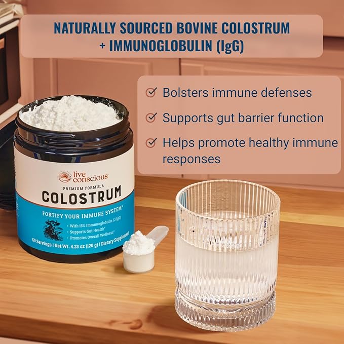 Live Conscious Colostrum Powder - Grass Fed Bovine Colostrum Supplement with Lactoferrin for Iron Absorption - Immune System Supplement (2-Pack)