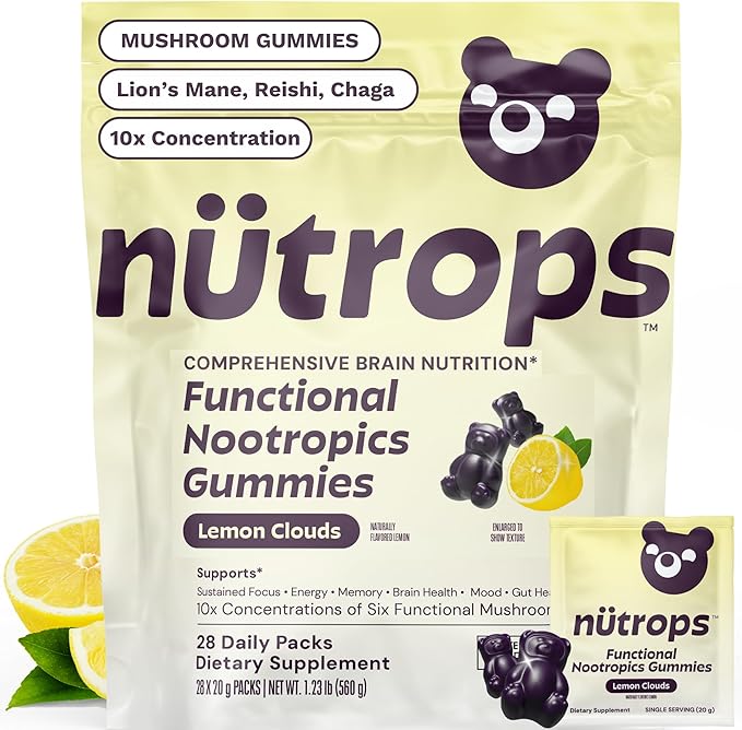 Nutrops Lions Mane Mushroom Gummies for adults Functional Nootropics Herbal Brain Supplement for Energy Brain Health Cognitive Memory &amp Focus Reishi Chaga Cordyceps Coriolus 28 daily Pac