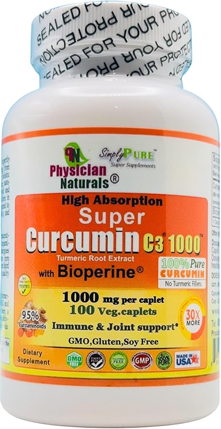 Super Curcumin C3 1000 with Bioperine 1000 mg High Absorption Pure Curcumin 1000 mg per Caplet Supports Joint Health