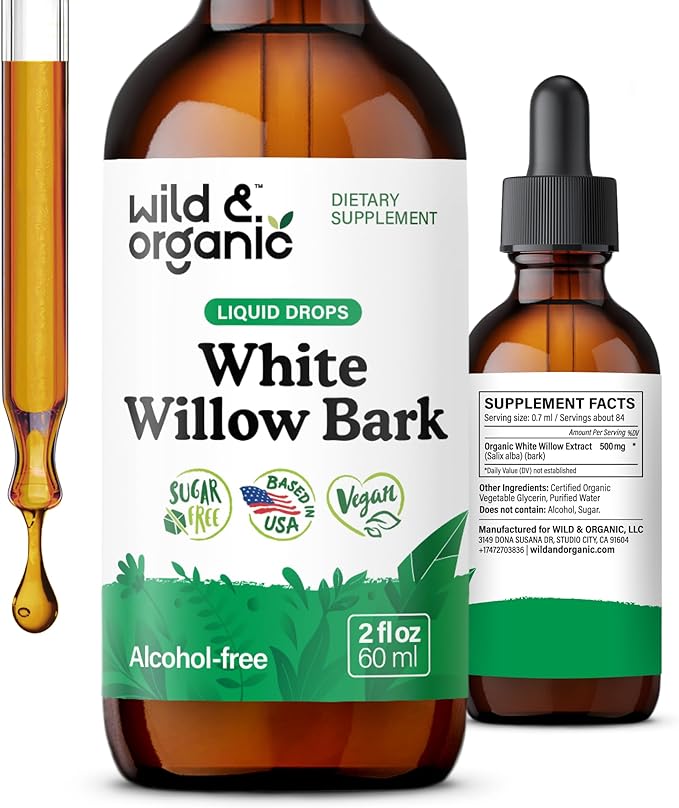 Wild &amp Organic White Willow Bark Extract Liquid Drops - Overall Well-Being Supplement - 500 mg White Willow Bark Herb Tincture - No Alcohol &amp Sugar Non-GMO - 2 fl oz