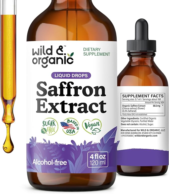 Wild &amp Organic Saffron Supplements 88.5 mg - 5-Month Supply - Saffron Extract Drops for Mood Focus Eye Support - Crocus Sativus Liquid Extract - Vegan Alcohol &amp Sugar-Free Tincture - 4 fl o