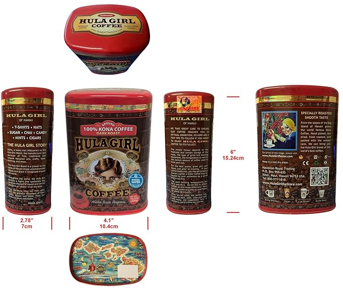HULA GIRL 100% KONA Roasted Arabica Whole Bean Coffee Dark Roast Net Wt. 10.5 Ounce (0.66Lb) 300 Grams Collector Tin