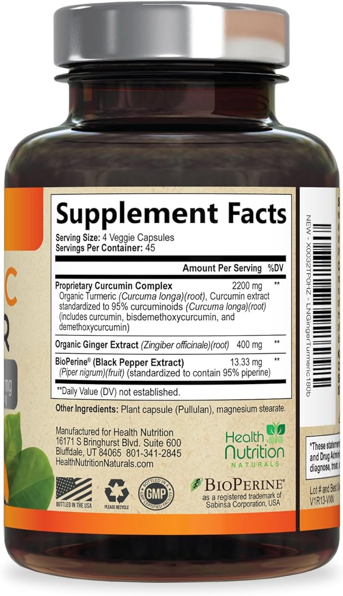 Turmeric Curcumin Supplement - 2200mg Curcumin Complex &amp 400mg Organic Ginger per Serving - 95% Curcuminoids &amp BioPerine Black Pepper for Best Absorption &amp Joint Support Bottled in USA -