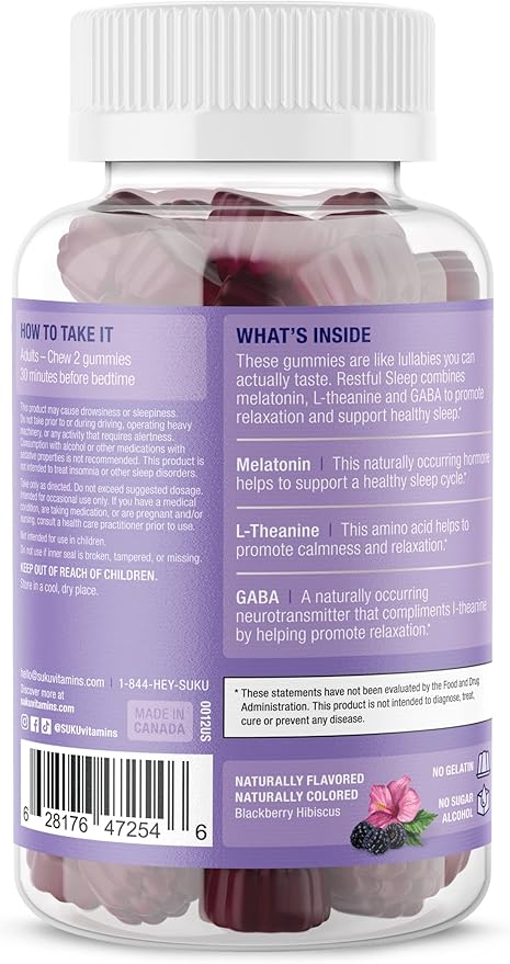 SUKU Restful Sleep Gummies – 3 mg Melatonin L-Theanine &amp GABA – Vegan Sugar-Free Chewable for Relaxation &amp Natural Sleep Support – BlackBerry-Hibiscus Flavor – Non-GMO Gluten-Free – 50 Coun
