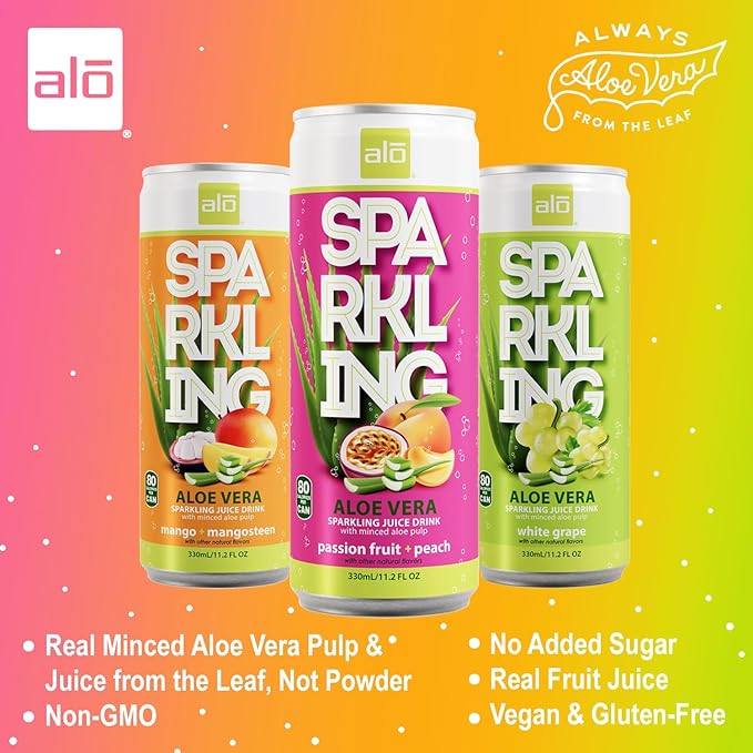 ALO Sparkling Mango &amp Mangosteen Carbonated Aloe Vera Juice Drink | 11.2 fl oz Pack of 12 | Plant-Based Beverage Vegan