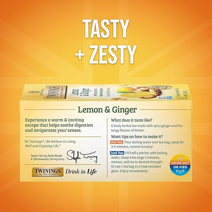 Twinings Lemon &amp Ginger Herbal Tea Individually Wrapped Bags 25 Count (Pack of 6) Spicy Ginger Lemon Peel &amp Lemongrass Naturally Caffeine-Free Enjoy Hot or Iced 150 Teabags
