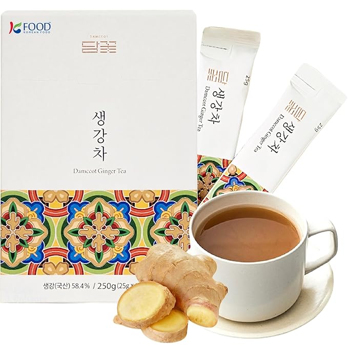 Korean Food Damccot Ginger Tea Sticks 250g (8.8oz Total 10 x 25g/0.9oz Each) – Concentrated Authentic Korean Ginger Extract for Warm/Cold Beverages &amp Milk Lattes 생강차