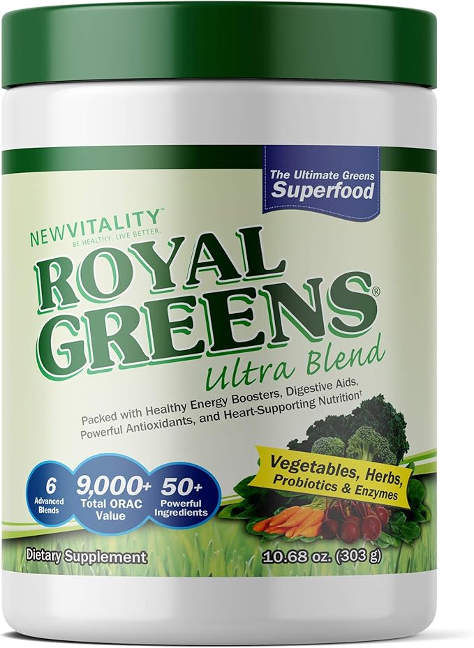 New Vitality Royal Greens Superfood Powder | Healthy Veggie Powder with Probiotics Enzymes Antioxidants Wheat Grass &amp Greens 10.75oz (30 Day Supply)