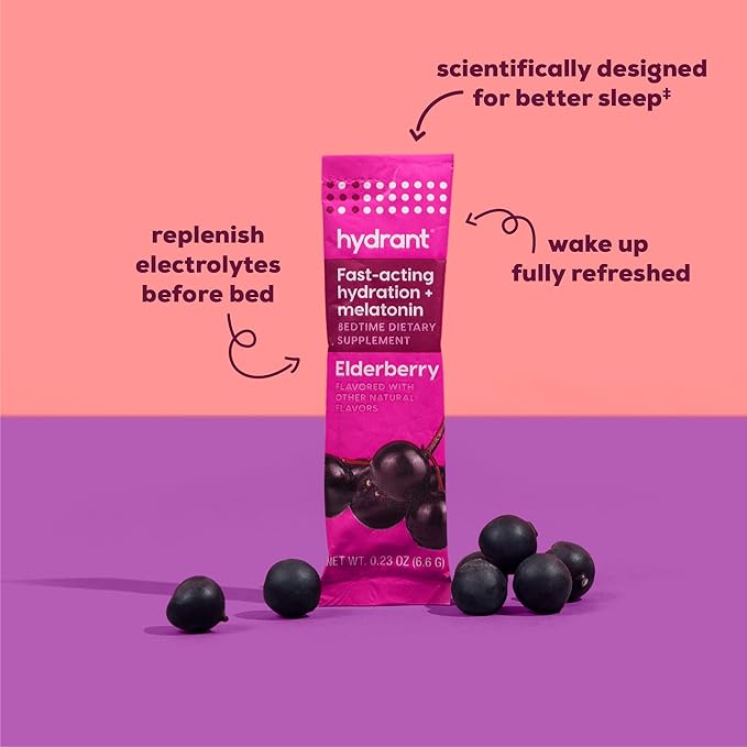Hydrant - Sleep Electrolyte Powder Elderberry Flavor 30 Rapid Hydration Individual Stick Packs - Sleep Blend of Melatonin L-Theanine Magnesium &amp Chamomile
