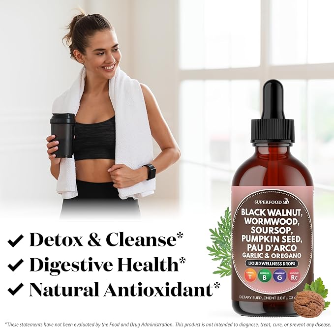 Wormwood Black Walnut Cleanse for Humans Drops Liquid Soursop Garlic Pumpkin Seed PAU D'Arco Oil of Oregano Turmeric Berberine Neem Extract Hull Bark Tincture - 6 oz