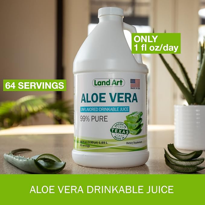 Land Art - Pure Aloe Vera Juice Unflavored – Cold-Processed - 99.7% Organic Aloe Vera Inner Fillet from Fresh Texas Leaves – Digestive Health Detox and Natural Wellness – 64 fl oz