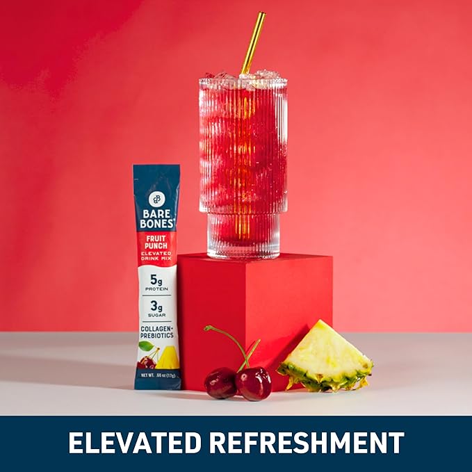Bare Bones Fruit Punch Elevated Drink Mix | Collagen &amp Prebiotics | Gluten-Free &amp Naturally Sweetened | On-the-Go Stick Single-Serve Packs Powdered Refreshment | 5g Protein | 16 Packets (.60 o
