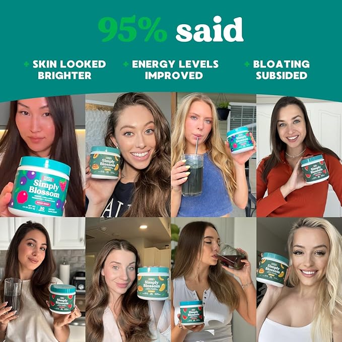 Simply Blossom Nutrition Daily Greens &amp Superfood Powder + Collagen + Probiotics for Women's Digestive Health &amp Bloating Relief. Help Your Health Bloom - 3 Month Supply- Peach Rings