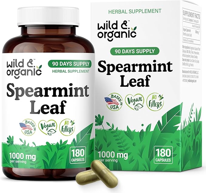 Wild &amp Organic Spearmint Capsules - 1000 mg Spearmint Leaves Supplement for Digestive Support - 90 Days of Supply - 180 Herbal Extract Capsules - Vegan Non-GMO Gluten-Free No Fillers