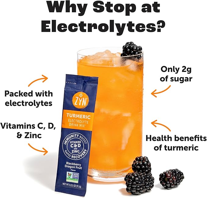 ZYN Electrolyte Drink Mix Hydration Packets BlackBerry Dragonfruit Electrolytes Powder Hydration Packets w/Turmeric Curcumin Vitamin C &amp D Zinc Hydrate &amp Recover Electrolyte Powder Pack