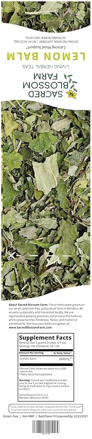 Lemon Balm Tea Organically Grown in Wisconsin | 4.9 oz | 69 Servings | Sacred Blossom Farm | Herbal Tea &amp Medicinal Herbs | Loose Leaf | Regenerative Farming | Single Source | Melissa officinalis