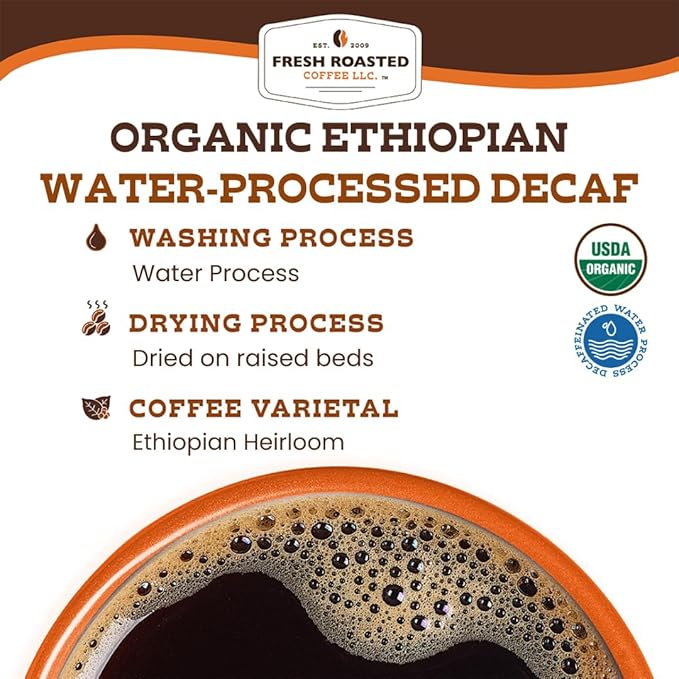 Fresh Roasted Coffee Organic Ethiopian Sidamo Water-Processed Decaf | USDA Organic 100% Single Origin Kosher | Medium Roast 2 lb (32 oz) Ground