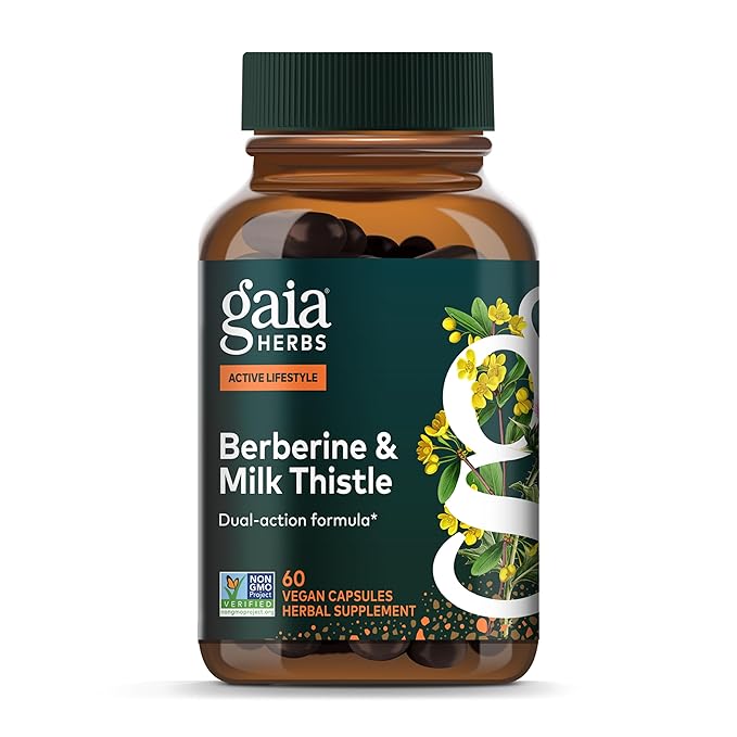 Gaia Herbs Berberine &amp Milk Thistle - Milk Thistle &amp Berberine Supplement with Ginger Root - Supports Liver Health* - Vegan Gluten-Free Dairy-Free Non-GMO Project Verified - 60 Capsules