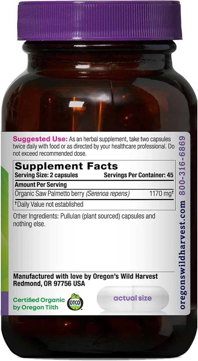 Oregon's Wild Harvest Saw Palmetto Organic Capsules 90 Count Vegetarian Capsules 1170mg