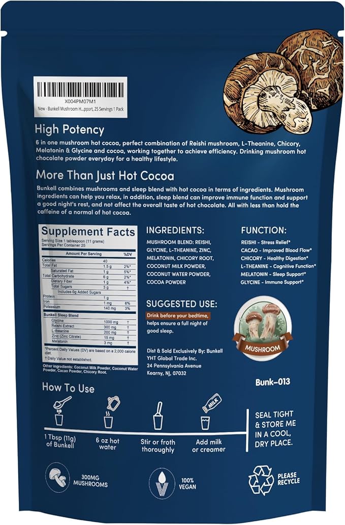 Mushroom Hot Cocoa Adaptogenic Mushroom with Reishi L-Theanine Chicory Melatonin &amp Glycine Melatonin Sleep Hot Cocoa Supplement for Sleep and Stress Support 25 Servings 1 Pack