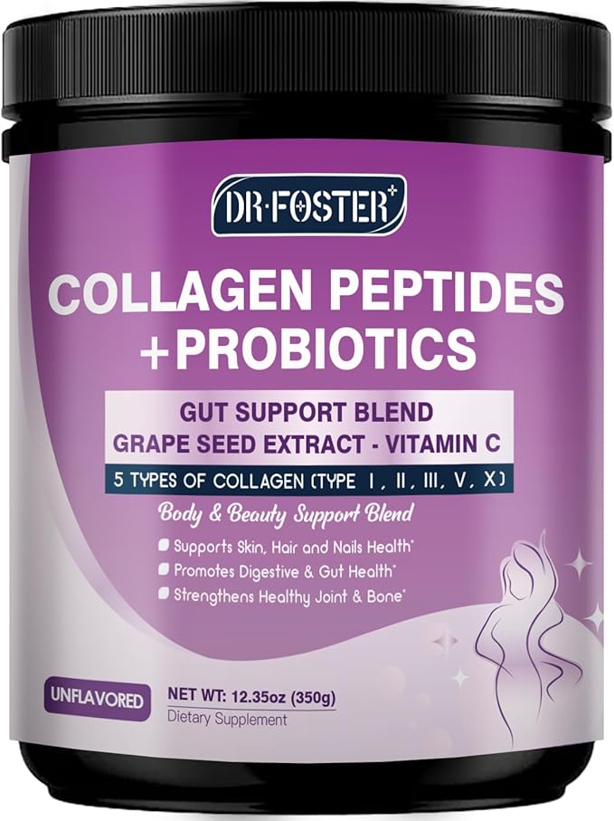 DRFOSTER Collagen Peptides Powder with Probiotics - Hydrolyzed Collagen Type I II III V X with Antioxidant Blend - Multi Collagen for Women Support Skin Hair Nail Joints &amp Gut 35 Servings Non-GM