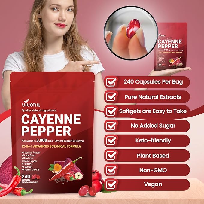 VivoNu Cayenne Pepper Softgels Supplement Supports Leg Vein Heart and Blood Vessel Health with Vitamin E D3+K2 and Extracts of Grape Seed Hawthorn Beetroot Berberine and Other