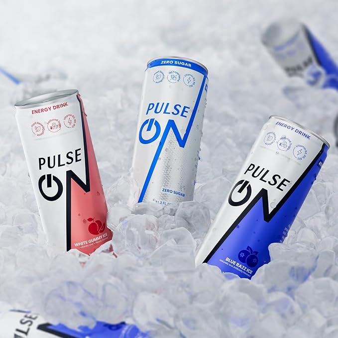 PulseOn Energy Drink- 200mg Natural Caffeine Taurine and Vitamin B|Blue Razz Ice Reduced Sugar 11.2 fl oz((Pack of 24)