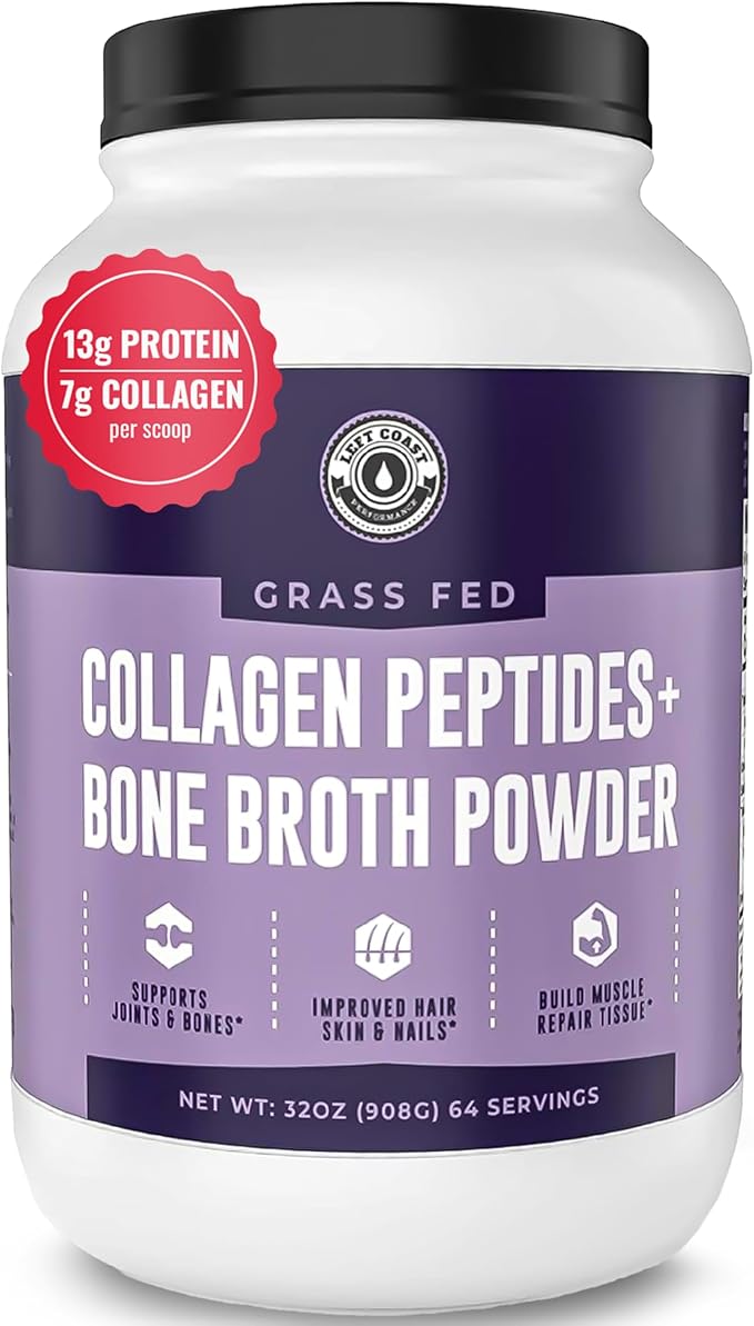 Left Coast Performance Collagen Bone Broth Powder 2lb Bone Broth with Grass Fed Collagen Peptides. Unflavoured Grass Fed Hydrolyzed Beef Zero Carb Dairy Free Protein Powder. 64 Servings