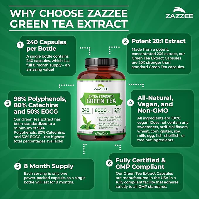 Zazzee Extra Strength Green Tea 20:1 Extract 50% EGCG 98% Polyphenols 80% Catechins 240 Vegan Capsules 8 Month Supply Certified Kosher Antioxidant &amp Metabolism Support Non-GMO Made in the
