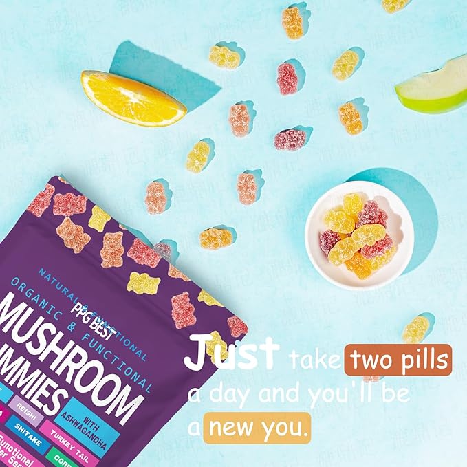 Organic &amp Functional Mushroom Gummies Supplement ASHWAGANDHAREISHITurkey Tail MAITAKE SHATAKE Chaga CORDYCEPS BOOSTS CognitivePerformance Gluten FreeVegan Low CARBGUMMIES80