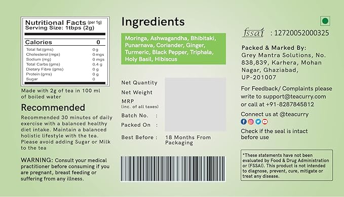 TEACURRY Upper Body tea - 30 Tea Bags 1 Month Pack - Helps with Chest Shoulders Neck and Arms Weight - All Natural Caffeine Free Herbal Tea