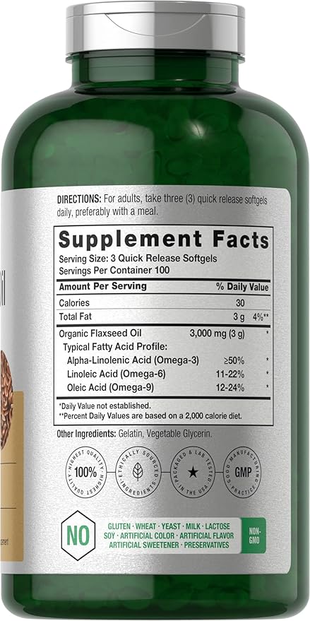 Horbäach Flaxseed Oil Softgel Capsules 3000mg | 300 Count | High Potency | with Omega 3 6 9 | Non-GMO Gluten Free | Cold Pressed Flax Seed