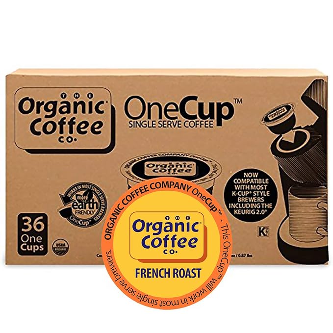 The Organic Coffee Co. Compostable Coffee Pods - French Roast (36 Ct) K Cup Compatible including Keurig 2.0 Dark Roast USDA Organic