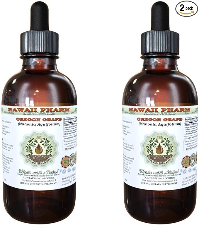 Hawaii Pharm Oregon Grape Alcohol-Free Liquid Extract Oregon Grape (Mahonia aquifolium) Dried Root Glycerite Natural Herbal Supplement USA 2x2 fl.oz