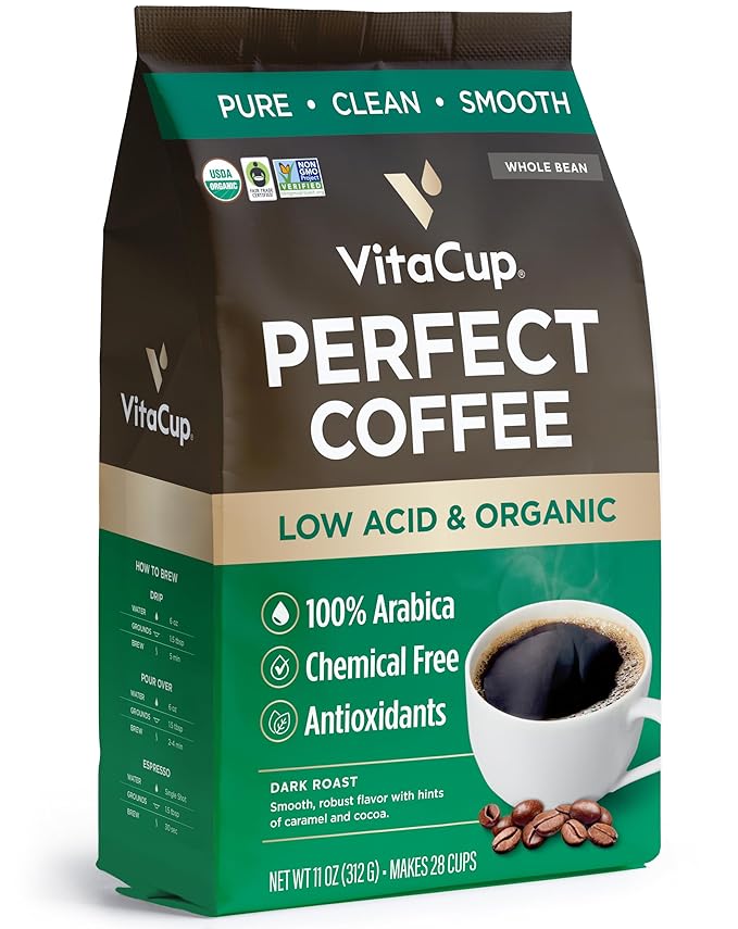 VitaCup Perfect Low Acid Coffee Beans 11oz &amp Perfect Low Acid Ground Coffee 11 oz Bundle | Dark Roast USDA Organic &amp Fair Trade Mycotoxin Free Single Origin
