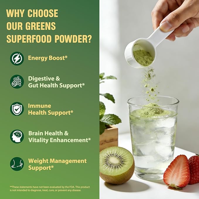 Super Greens Powder Superfood Greens Juice Drink Mix with Spirulina Chlorella Adaptogens &amp Fiber Digestive Enzymes Pre + Probiotics Supplement for Women &amp Men Bloating &amp Gut Health 3