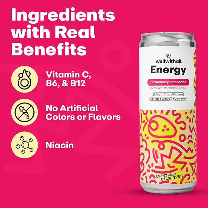 WellWithAll Strawberry Lemonade Energy Drink – Caffeine from Tea – With Vitamin C – Lightly Sparkling Beverage – Fruit &amp Veggie Juice Blend – 12 Oz (Pack of 12)