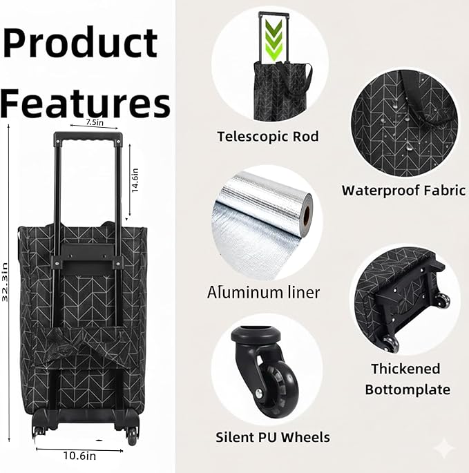 2-in-1 Foldable Shopping Bag with Wheels Foldable Shopping Cart with Telescopic Handle Reusable Eco-Friendly Shopping Bag for Women &amp Seniors(Green leaves)
