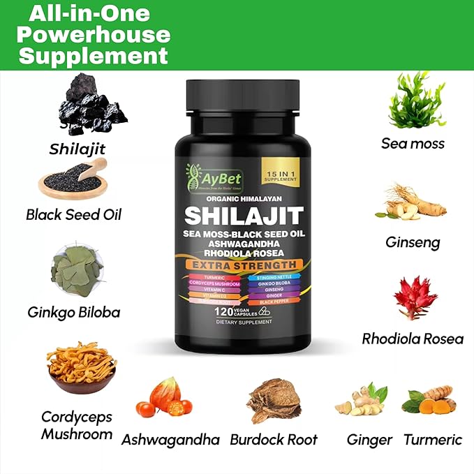 Shilajit for Men and Women-Organic Himalayan Shilajit Capsules with Sea Moss Black Seed Oil Ashwagandha Rhodiola Rosea Burdock Cordyceps Mushroom Ginseng Turmeric Ginger 120 Capsules
