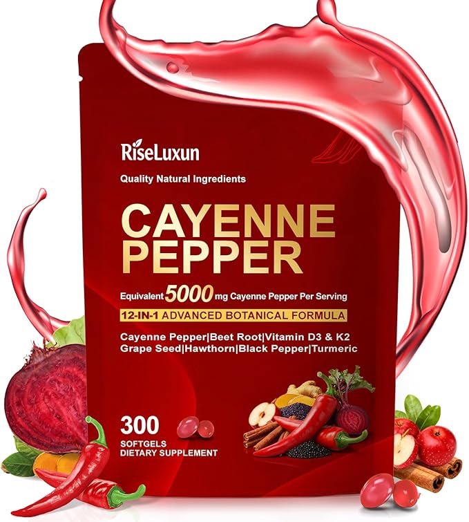 12-in-1 Cayenne Pepper Capsules Supplement* 5000mg Per Serving Containing | Vitamin D3 K2+E &amp Extracts of Grape Seed Hawthorn Beetroot Berberine Other Extracts