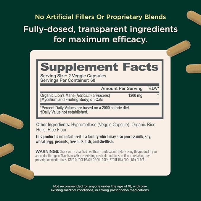 The Genius Brand Genius Lion's Mane - Plant-Based Supplement for Memory Focus &amp Mood Support - Organic &amp Non-GMO - 120 Veggie Capsules