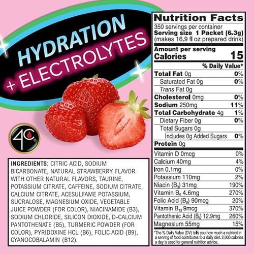 4C Powder Energy Rush Stix Energy Rush - Strawberry Electrolyte 350 Count Bulk Buy Singles Stix On the Go Refreshing Water Flavorings Value Pack