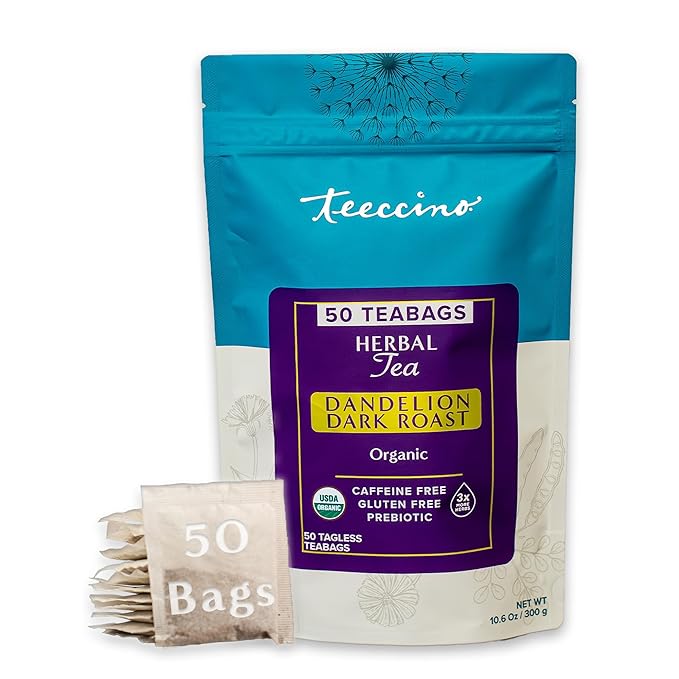 Teeccino Dandelion Herbal Tea 50 Tagless Eco-Friendly Tea Bags - Dark Roast - Caffeine Free Prebiotic Gluten Free 3x More Herbs