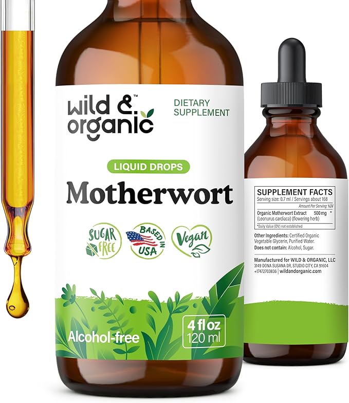 Wild &amp Organic Motherwort Tincture - Good Mood Calmness Overall Support - Supplements for Women with Motherwort Herb - Vegan Sugar &amp Alcohol-Free Extract Drops - 4 fl oz